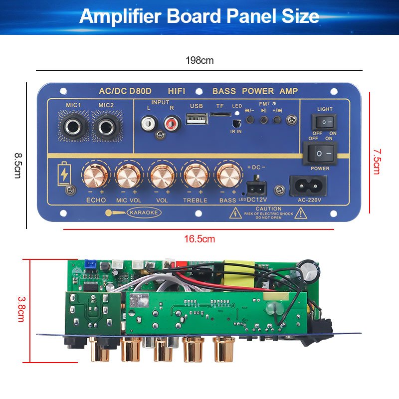 VIRE Bluetooth Power Amplifier 8-12inch Speaker Dual Microphone 110V 220V 12V 24V Subwoofer Audio 60W AMP Module