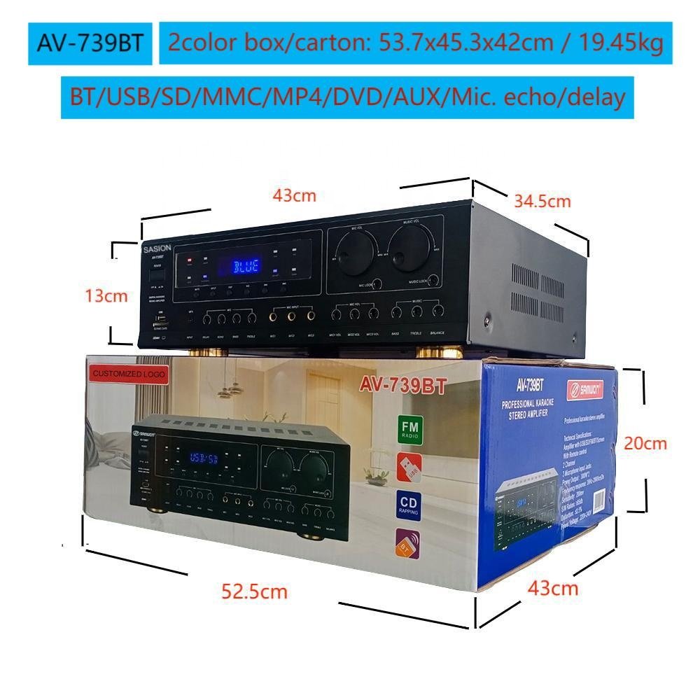 2000W High Power Amplifier AV-739BT Mic. Echo/balance Professional Amplifier with BT/USB/SD/MP3/DVD Etc. & FM Radio