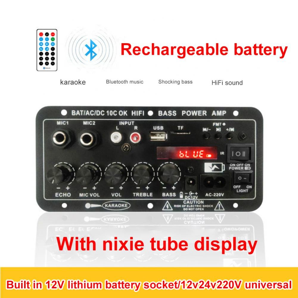 220V 12V D10C Digital BT Amplifier Board Subwoofer Dual Microphone Karaoke Amp Speaker Home Theater DIY Rechargeable Version