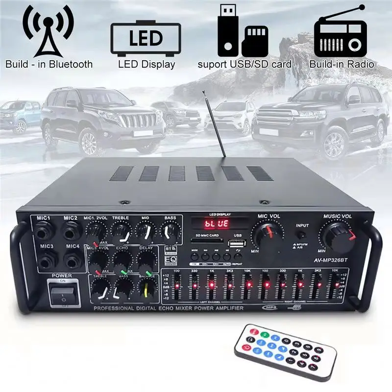 AV-MP326BT High-Power 300W*2 110V 220V 12V 2.0 Blue. Tooth Home Amplifier Karaoke OK EQ Balanced Car Amplificader