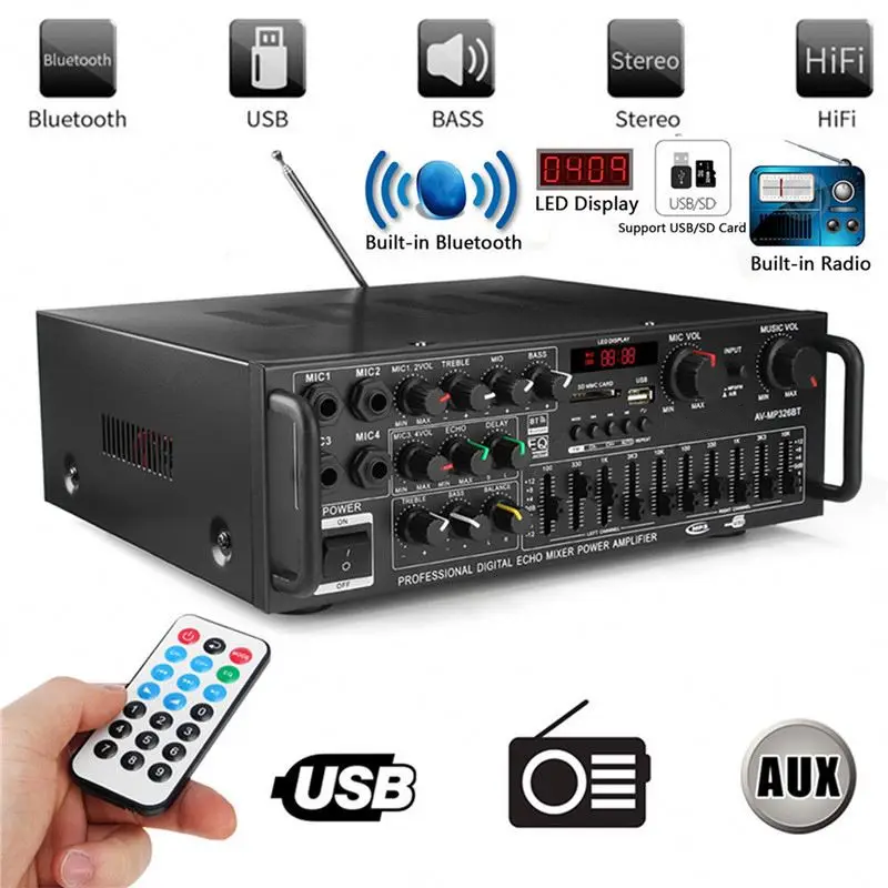 AV-MP326BT High-Power 300W*2 110V 220V 12V 2.0 Blue. Tooth Home Amplifier Karaoke OK EQ Balanced Car Amplificader