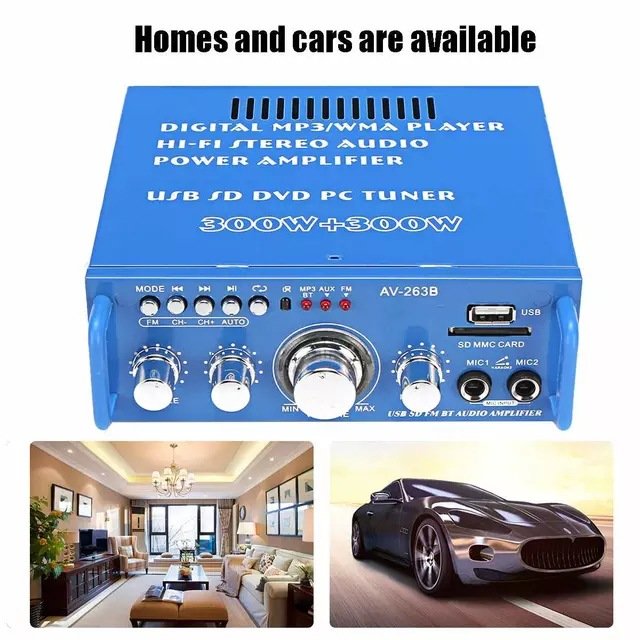 AV-263B Blue. Tooth Amplifier SD USB Card Car HIFI Speaker 220V High-power Mini Amplifier