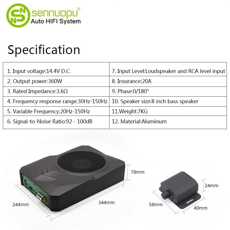 Sennuopu Car Audio Active Sub Woofer Car Stereo 8 Inch Subwoofer Under Seat for Built in Amplifier