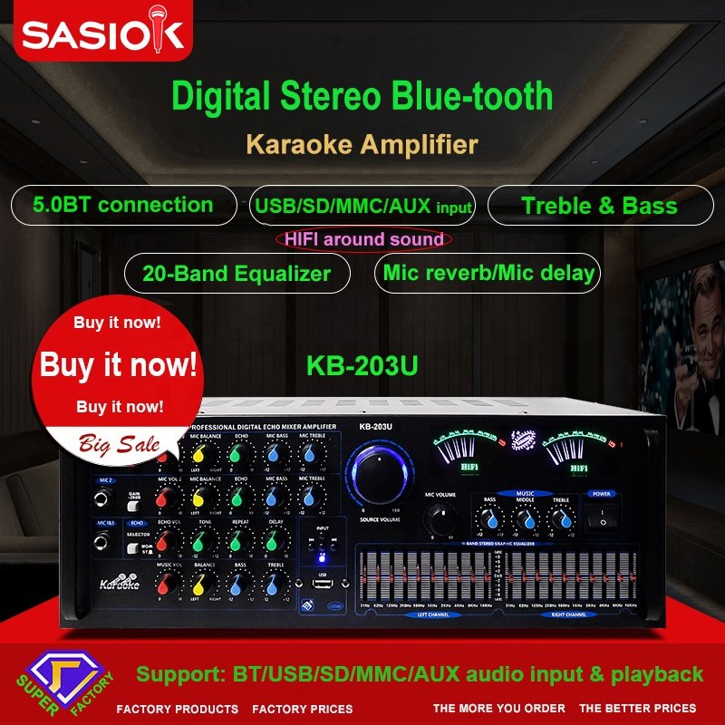 KB-203U 800W 20-band EQ HIFI BT/USB/SD/MMC/AUX Receivers Home Theater Blue-tooth Karaoke Amplifier Speaker Professional LED.