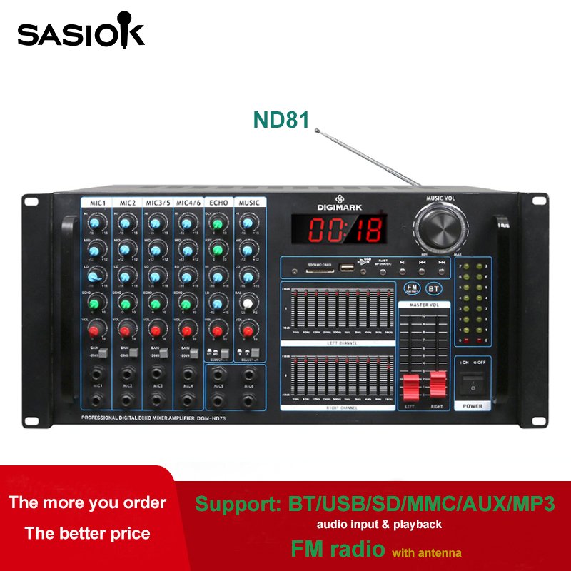 ND73 RMS 700W 20-band Graphic Equalizer Stereo Karaoke Amplifier with BT/USB/SD/MMC/AUX/MP3/CD/FM Radio & LED Display Functions.