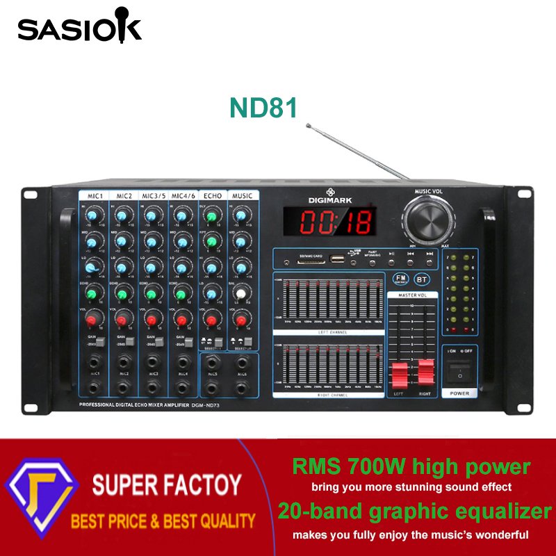 ND73 RMS 700W 20-band Graphic Equalizer Stereo Karaoke Amplifier with BT/USB/SD/MMC/AUX/MP3/CD/FM Radio & LED Display Functions.