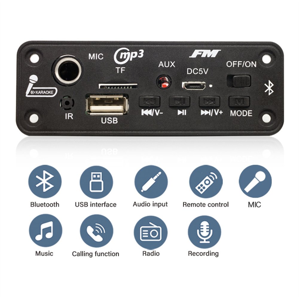 10W 6W Blue. Tooth Amplifier MP3 Decoder Board Microphone Car Mp3 Player USB Record FM Radio AUX for Speaker Handsfree Audio DIY