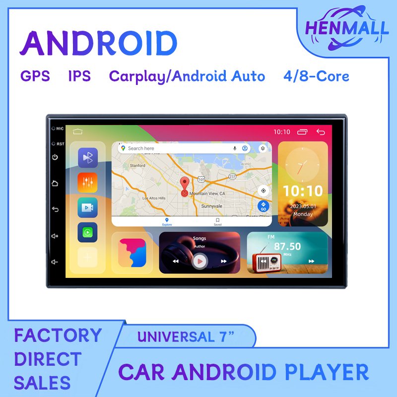 Henmall Universal 1din 7 Inch Car Radio Android With GPS Navigation Carplay Android Auto Wifi Stereo Player Multimedia Video