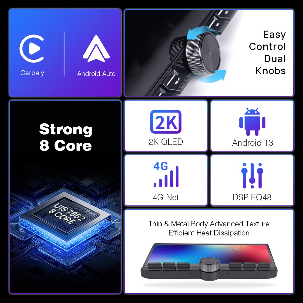 10.1/11.8/13.1inch Android Car Stereo 2k QLED Diamond Car Player FM Radio With Button Knob Wireless Carplay 4G 360 Head Unit