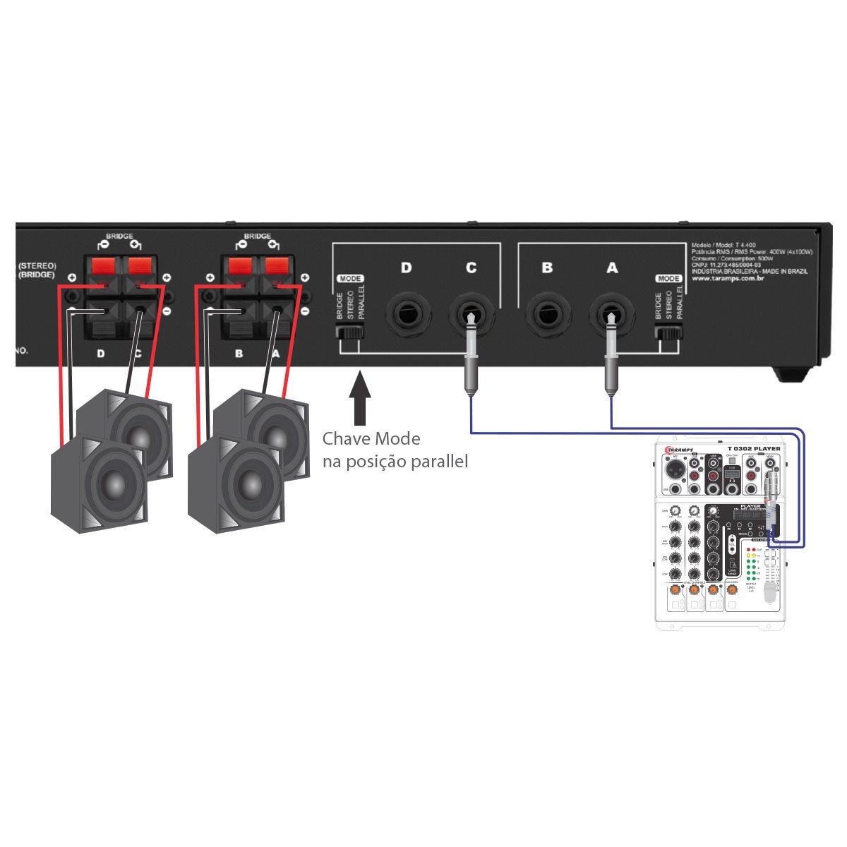 Taramps T 4400 Professional Amplifier 4 Channel 100 Watts 4 Ohms 400W Used in Churches Shows Home Pro Audio System Sound Quality