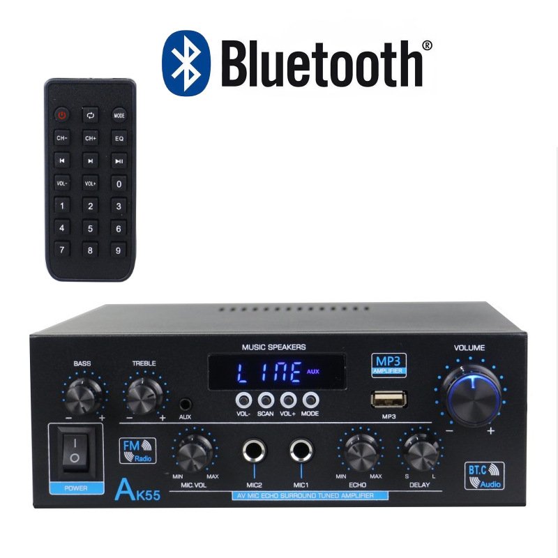 Amplifier AK55 900W Max 2.0 Channel Rated 70W+70W Blue. Tooth Audio Hifi AMP Karaoke Music Player Support 110V 220V 12V AK-55