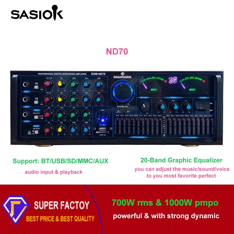 Mic Echo/delay ND70 20-BAND Graphic Equalizer Digital Karaoke Amplifier with BT/USB/SD/MMC/AUX/FM Radio/LED Display Functions.