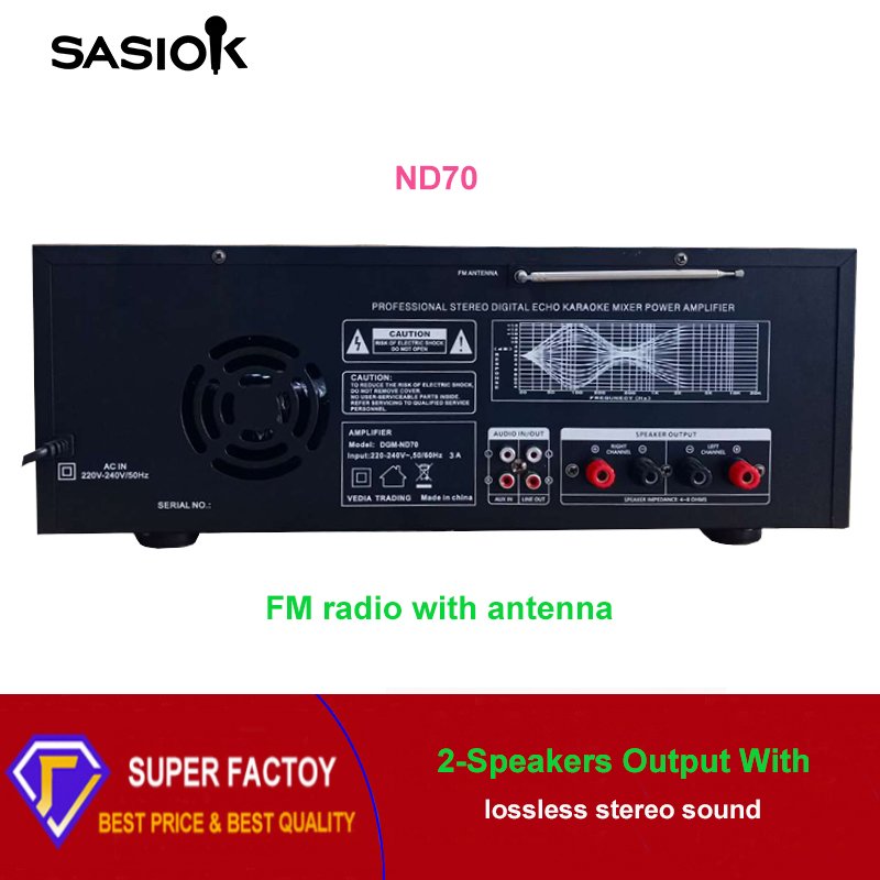 Mic Echo/delay ND70 20-BAND Graphic Equalizer Digital Karaoke Amplifier with BT/USB/SD/MMC/AUX/FM Radio/LED Display Functions.