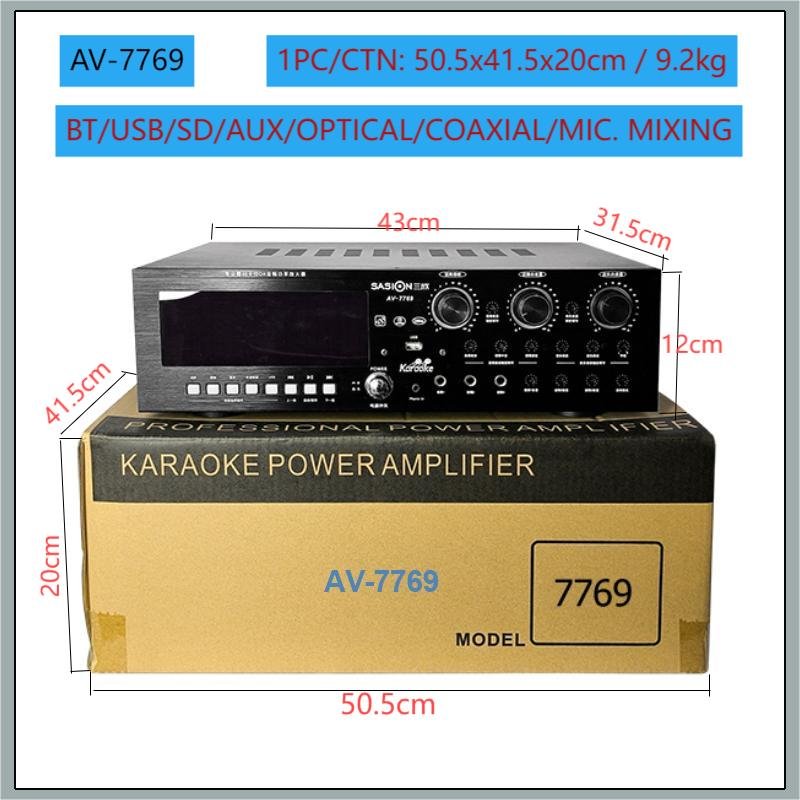 AV-7769 1000W Optical/Coaxial/Mic. Mixing Professional Audio Amplifier with BT/USB/SD/AUX Functions & Big LED Display Screen.