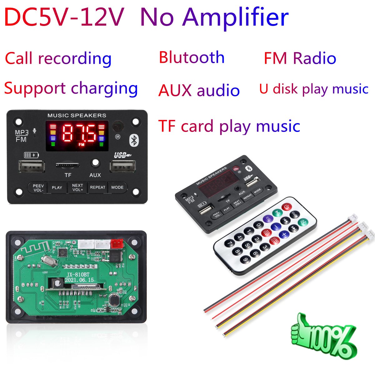 Wireless Car USB MP3 Player TF Card Slot USB FM with Microphone Handsfree Control 6V 12V 5.0BT power amplifier board