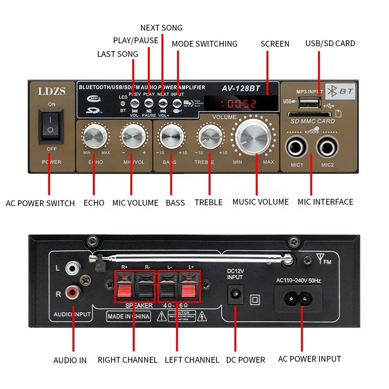 AV-128BT High-power Bt Home 220V Karaoke Professional HiFi Home Audio and Video Lossless Car Amplifier