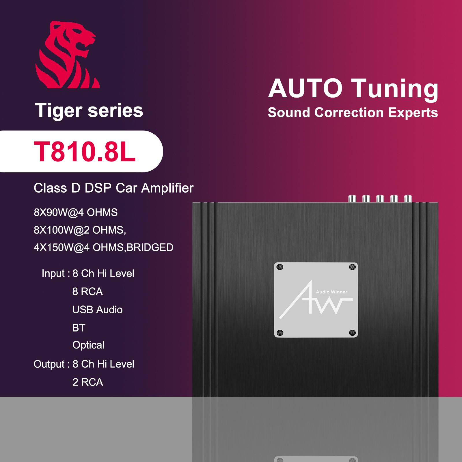 AudioWinner T810.8L OEM 10channel Sound Digital signal Processor Dsp with 8ch 90W 4 Ch150W Class d Car Audio Power Amplifier