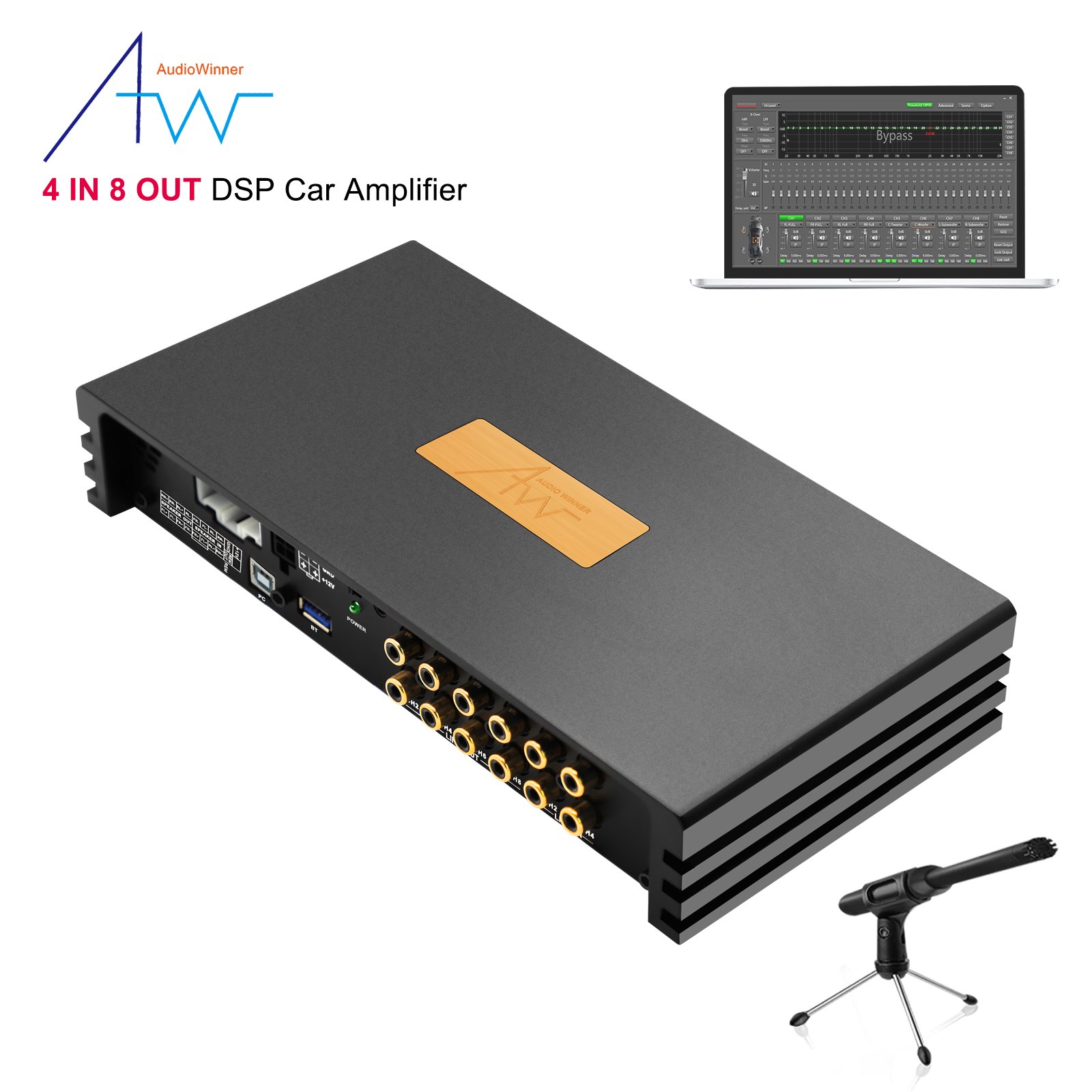 AudioWinner S48.4D 4CH Class D Car Amp with Auto Tuning Technology 8 Channel DSP 20- 2000 Hz Build-in DSP Car Audio Processor