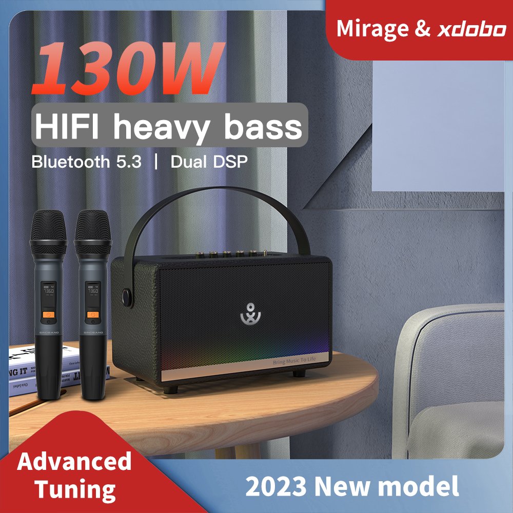 XDOBO Mirage 130w hifi heavy bass speaker 15 inch wireless bt5.3 ipx5 waterproof speaker with 2pcs wireless microphone
