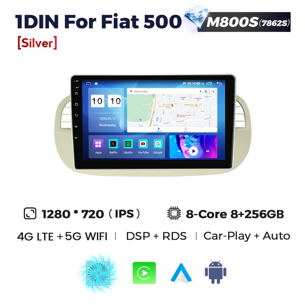 MEKEDE Car-Play Android Auto IPS Touch Screen Head Unit Built-in DSP Support Backup Camera OBD2 DVR TPMS SWT 1DIN for Fiat 500