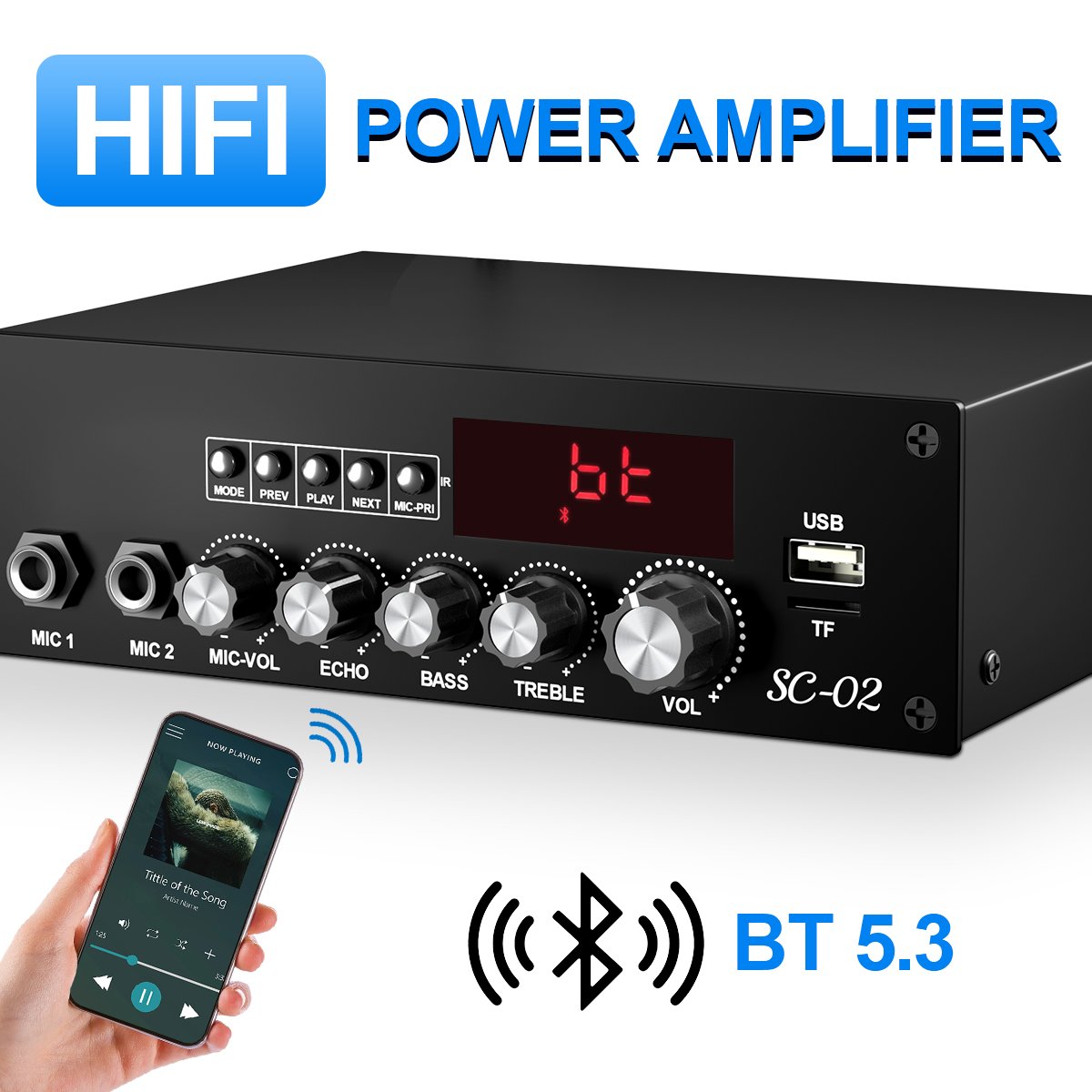 VIRE 70W*2 Home High Power Amplifier 2.0CH Stereo Bluetooth HIFI Digital Surround Sound Audio Amp FM USB Remote AC 100-240V