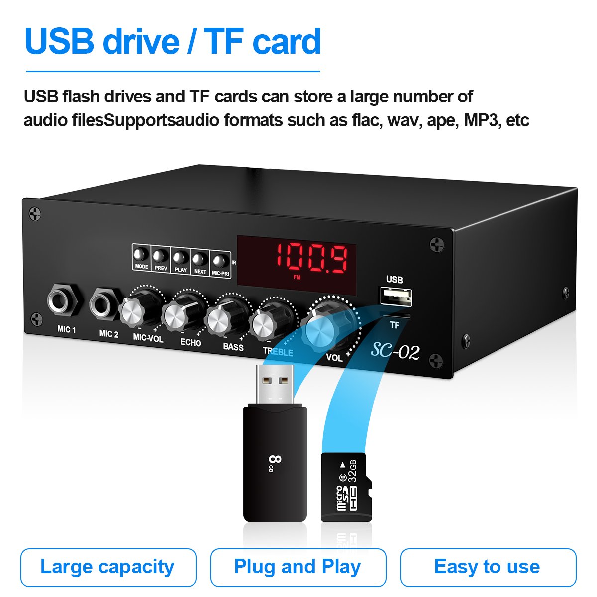 VIRE 70W*2 Home High Power Amplifier 2.0CH Stereo Bluetooth HIFI Digital Surround Sound Audio Amp FM USB Remote AC 100-240V