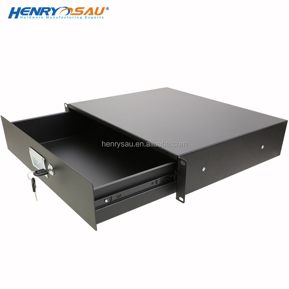 Adjustable Universal Rack Mount 14" DJ Lockable Deep 1U Drawer with Key Storage Rack Drawer for Server Cabinet Case Server Rack