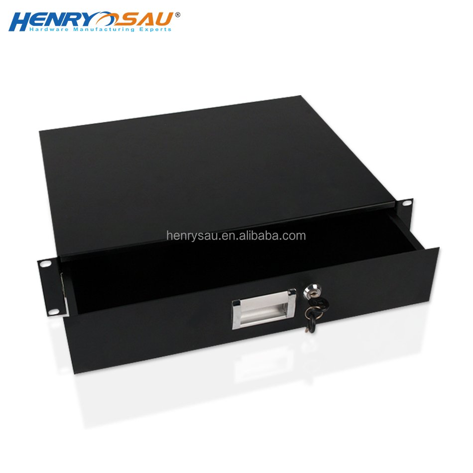 Adjustable Universal Rack Mount 14" DJ Lockable Deep 1U Drawer with Key Storage Rack Drawer for Server Cabinet Case Server Rack