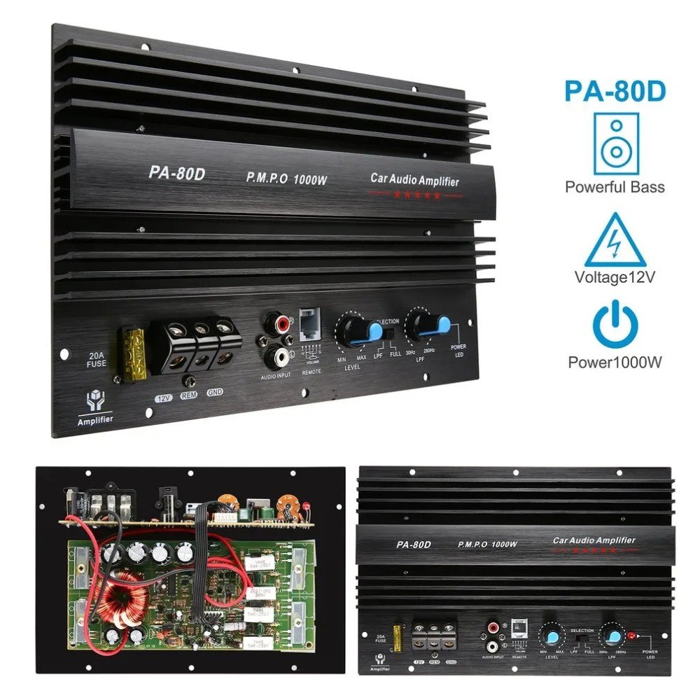 PA-80D 12V Universal 1000W Amplifier Board Mono Car Audio Power Amplifiers Powerful Bass Subwoofers Sound Amplify for Car Modi