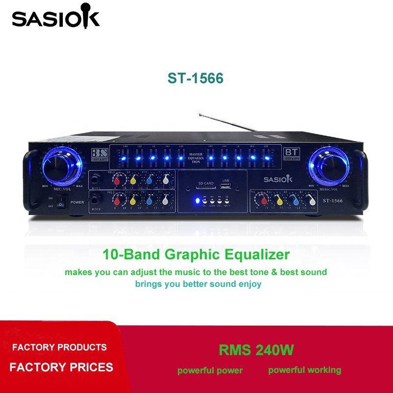 10-band Graphic Equalizer AC/DC Power ST-1566 HIFI Around Sound Mic. Echo/delay Amplifier with BT/USB/SD/AUX/FM Radio Functions.