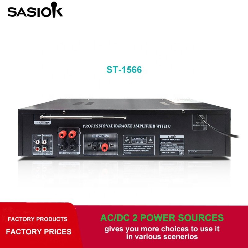 10-band Graphic Equalizer AC/DC Power ST-1566 HIFI Around Sound Mic. Echo/delay Amplifier with BT/USB/SD/AUX/FM Radio Functions.