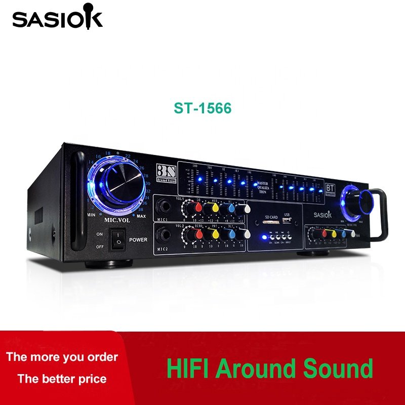 10-band Graphic Equalizer AC/DC Power ST-1566 HIFI Around Sound Mic. Echo/delay Amplifier with BT/USB/SD/AUX/FM Radio Functions.