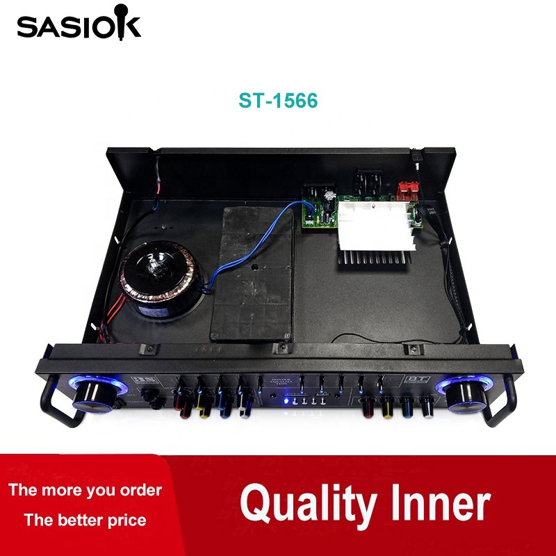 10-band Graphic Equalizer AC/DC Power ST-1566 HIFI Around Sound Mic. Echo/delay Amplifier with BT/USB/SD/AUX/FM Radio Functions.