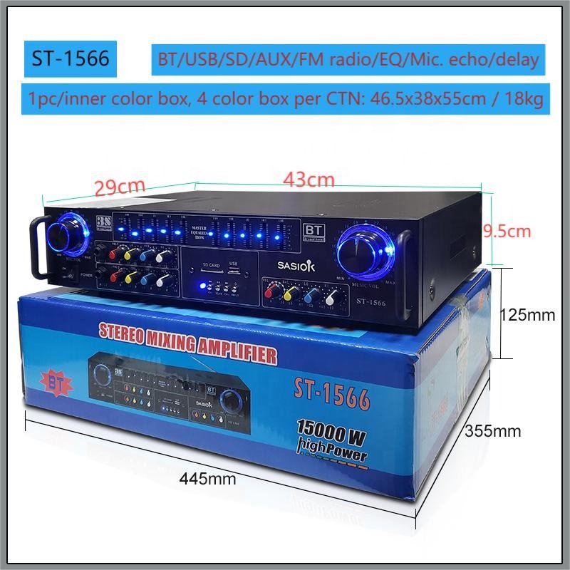 10-band Graphic Equalizer AC/DC Power ST-1566 HIFI Around Sound Mic. Echo/delay Amplifier with BT/USB/SD/AUX/FM Radio Functions.