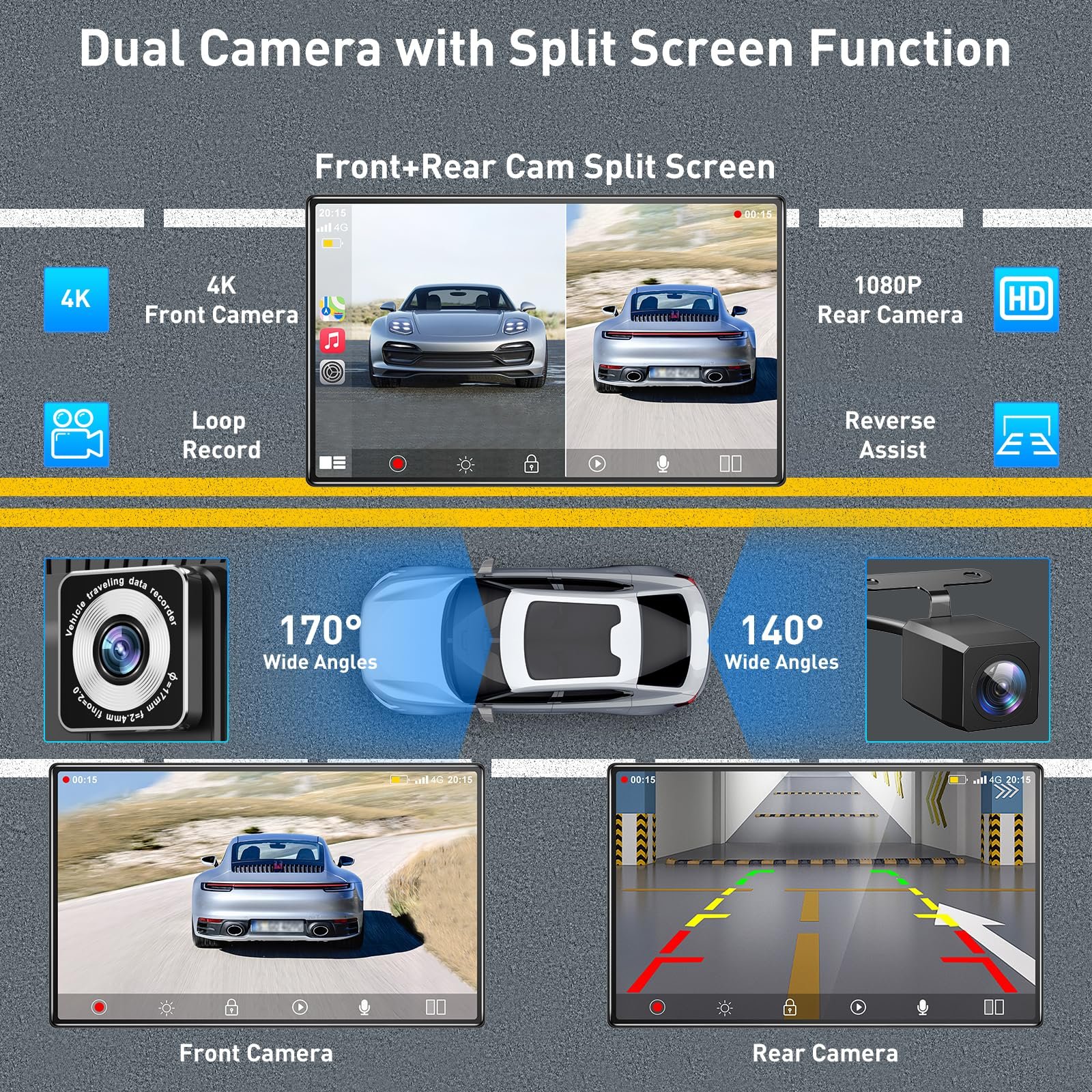 9'' CarPlay Screen for Car With Dashcam Smart Voice Control Car Screen CarPlay Android Auto Car Audio Receivers With G-sensor