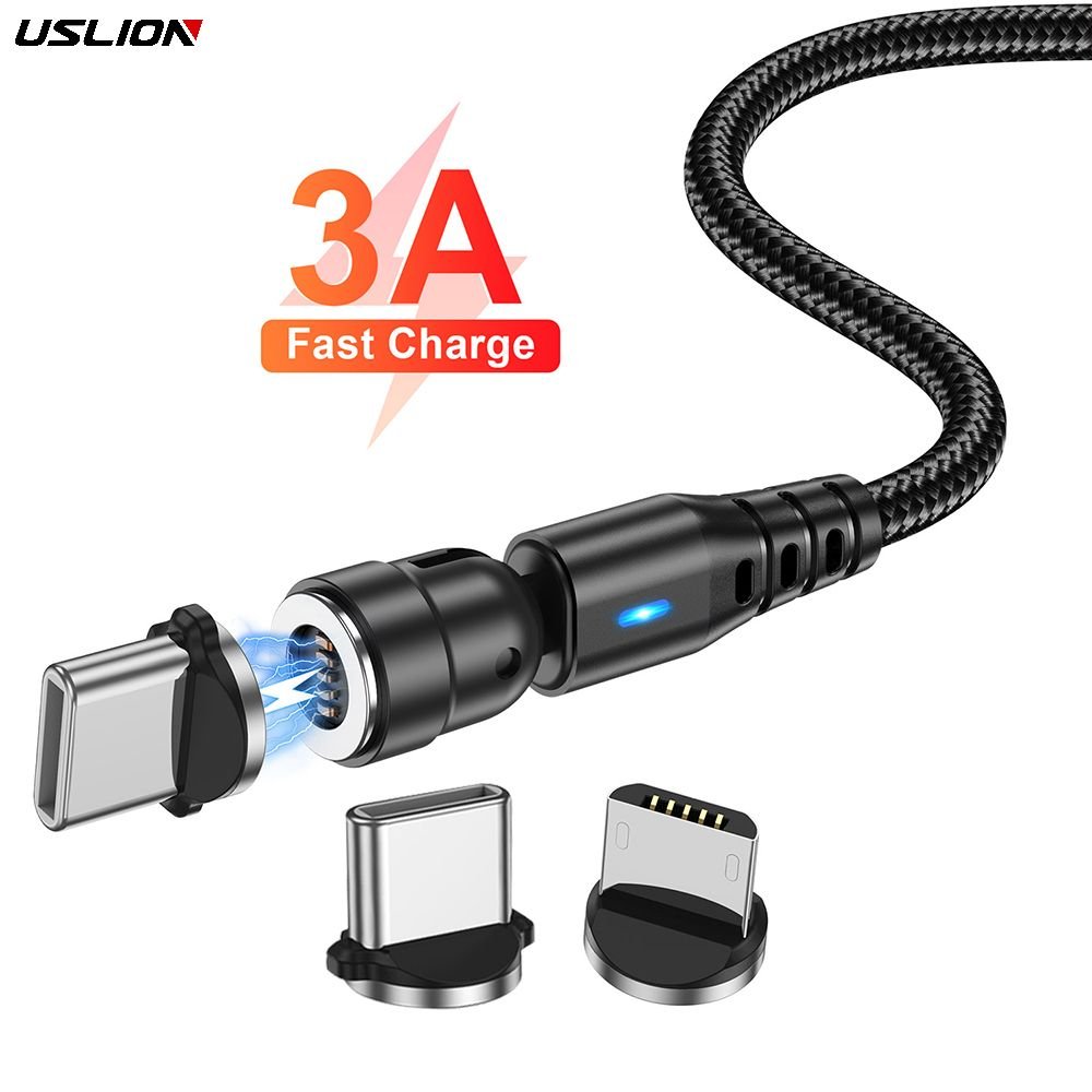 USLION 1M Magnetic 3 in 1 USB Cable 540 Rotate Type C Fast Charging Magnetic USB Cable Data Cables Micro USB Phone Accessories