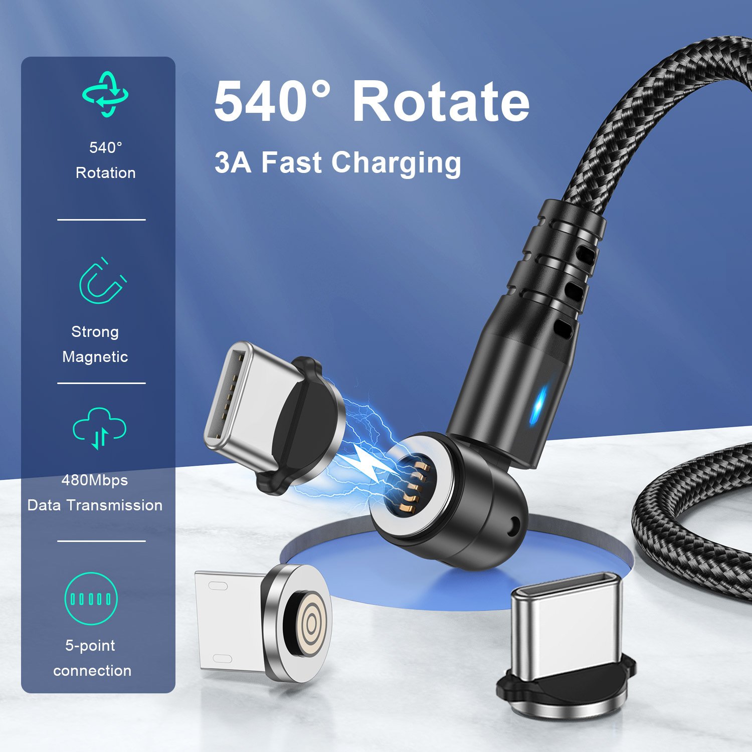 USLION 1M Magnetic 3 in 1 USB Cable 540 Rotate Type C Fast Charging Magnetic USB Cable Data Cables Micro USB Phone Accessories