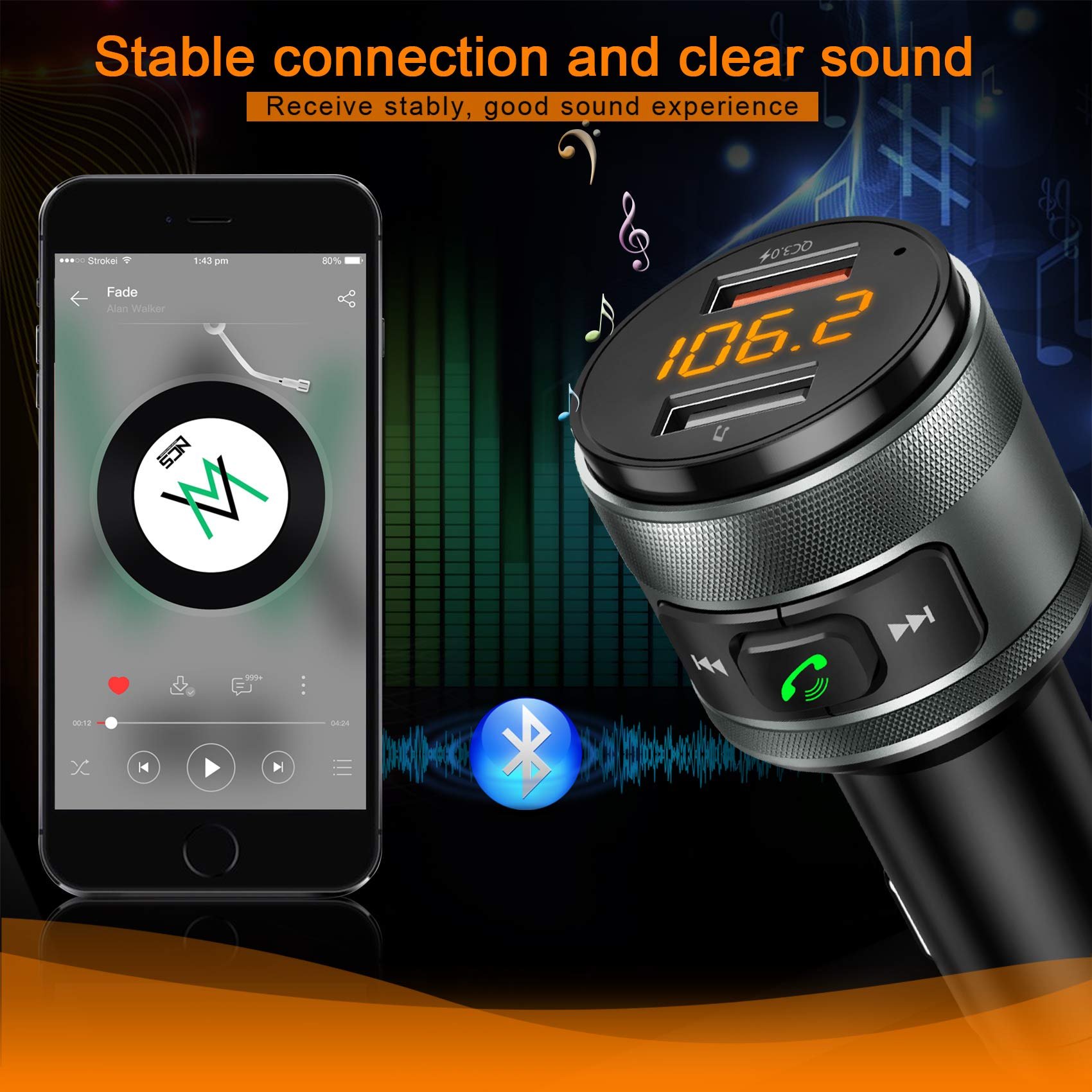 Adapter for Car Radio Kit Dual USB Charger QC3.0 Charger Car Mp3 Player Wireless Bluetooth 5.0 Car Wireless FM Transmitter