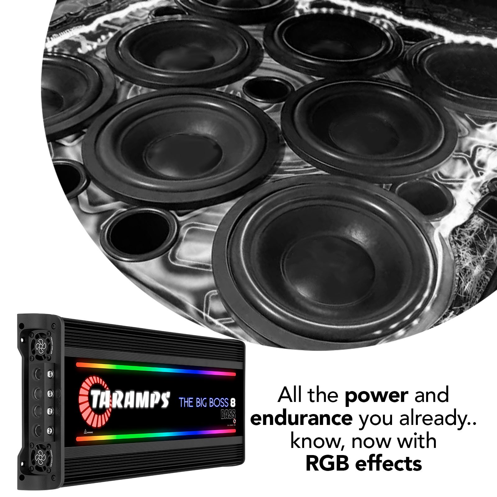 Taramps the Big Boss 8 Bass Black Color Amplifier 0.5 to 2 Ohm 8000 Watts RMS 108 RGB Effects Multi Impedance Smart 8k Car Audio