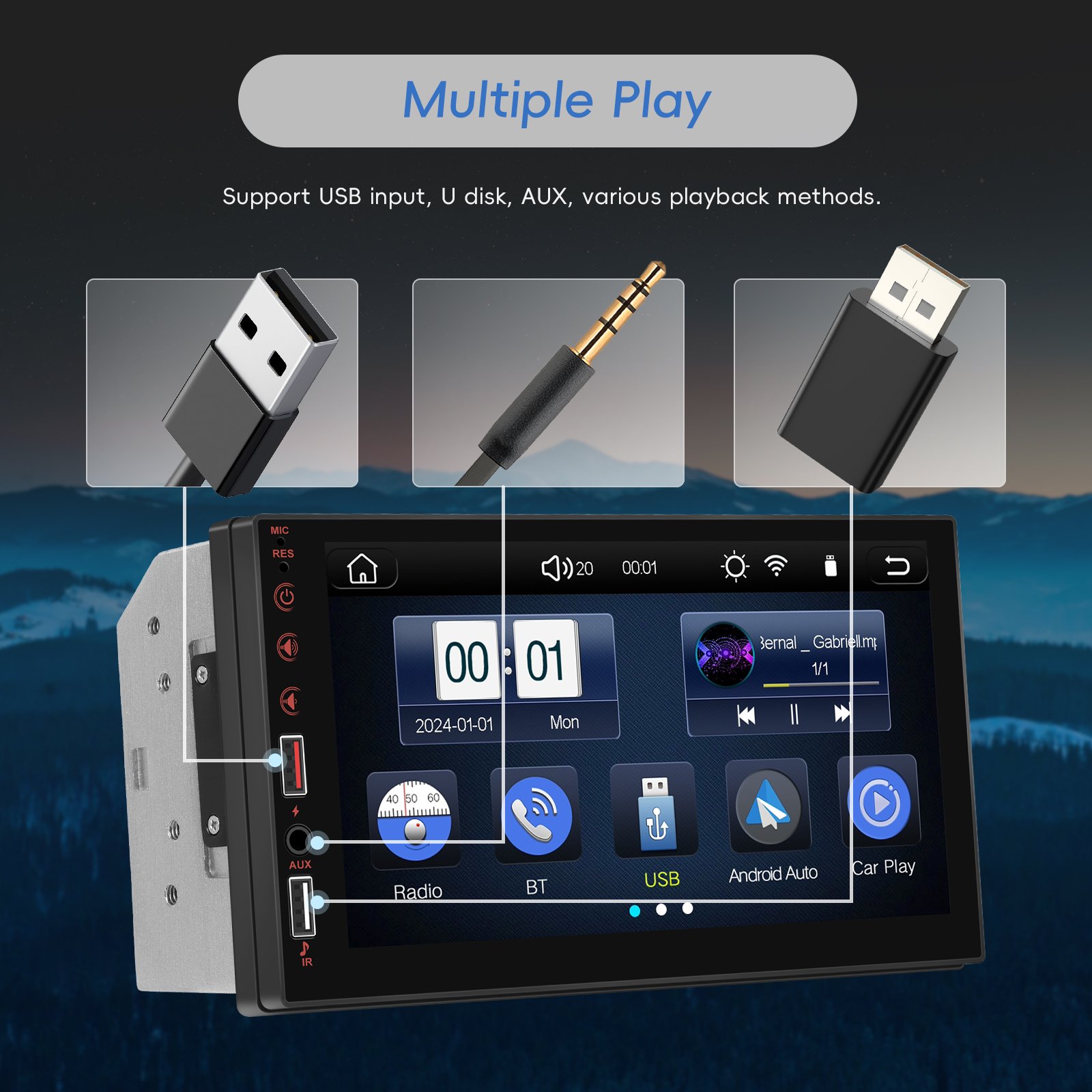 Podofo 7'' Double Din Car Mp5 Player Wireless Carplay Android Auto Youtube Double USB Car Radio Support OEM/ODM Dropshipping