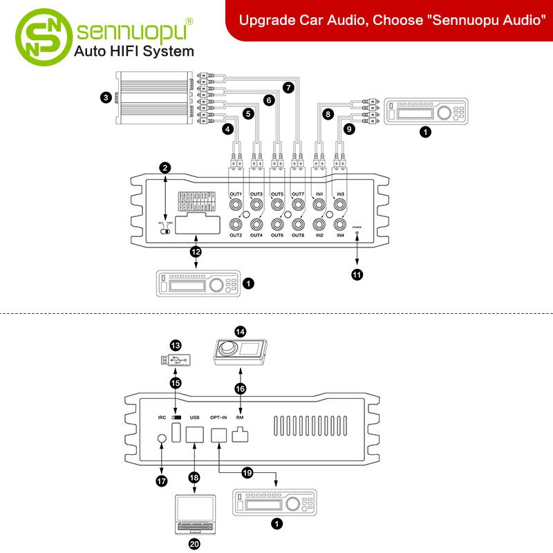 Sennuopu X10B 8-Channel Universal 12V Auto Amplifier 4-Ch Bluetooth DSP Audio Processor Subwoofer Amp AB Class Made 2 Aluminium