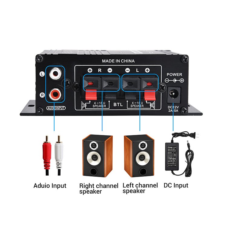 12V Mini AUX Blue-tooth HiFi 2 Channel 20w+20w Bass Dj Amp Power Class d Subwoofer Home Audio Car Amplifier