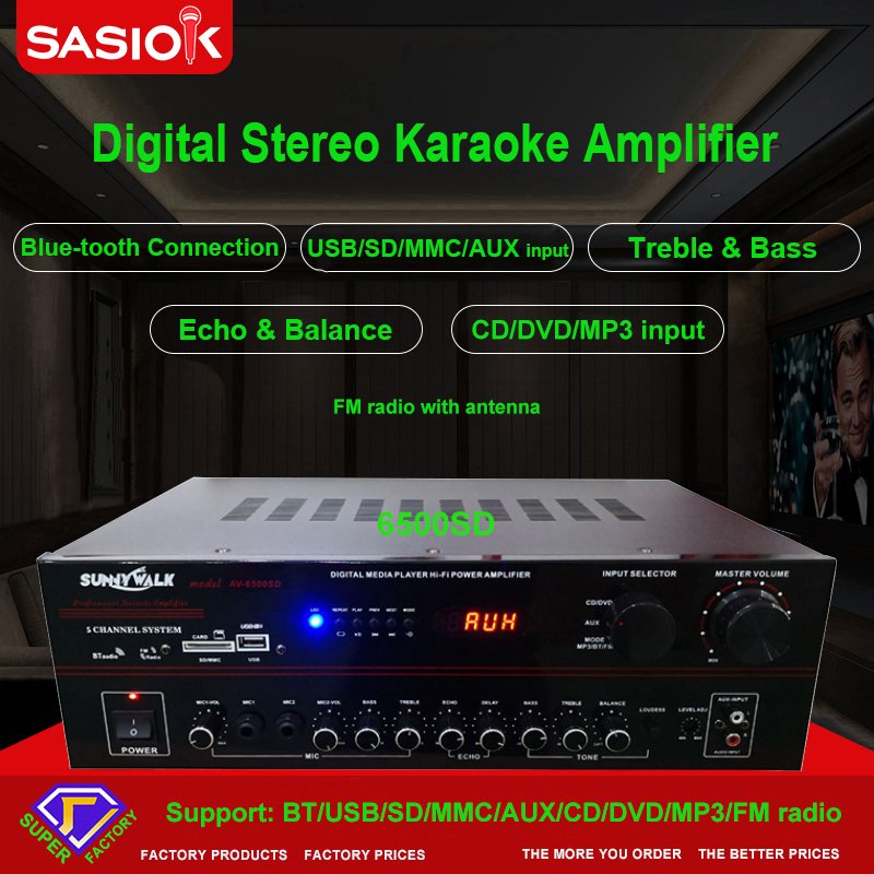 AV-6500SD BT/USB/SD/MMC/AUX/MP3/CD/DVD Audio Input Mic Echo/delay Digital Karaoke Amplifier Speaker Professional FM Radio/LED.