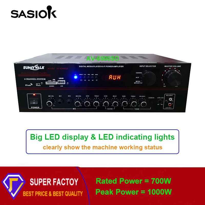 AV-6500SD BT/USB/SD/MMC/AUX/MP3/CD/DVD Audio Input Mic Echo/delay Digital Karaoke Amplifier Speaker Professional FM Radio/LED.