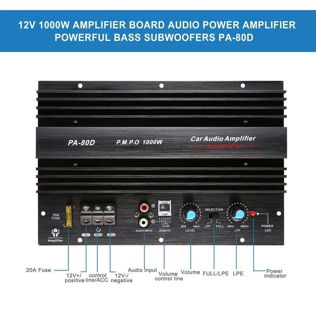 12V 1000W Speaker Subwoofer Bass Module High Power Car Audio Accessories Mono Channel Durable Amp For Car Modification PA-80D