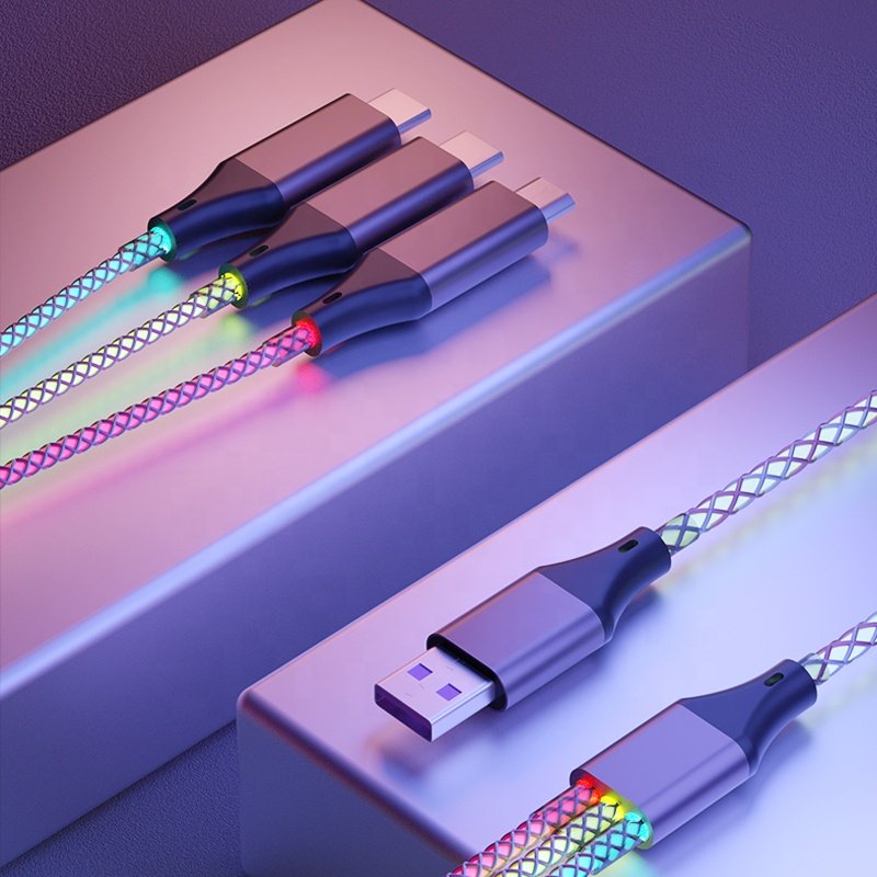 3 in 1 Glow light up USB Fast Charge cable with usb2.0 A male to micro B type c data sync charging cord For Phone Android