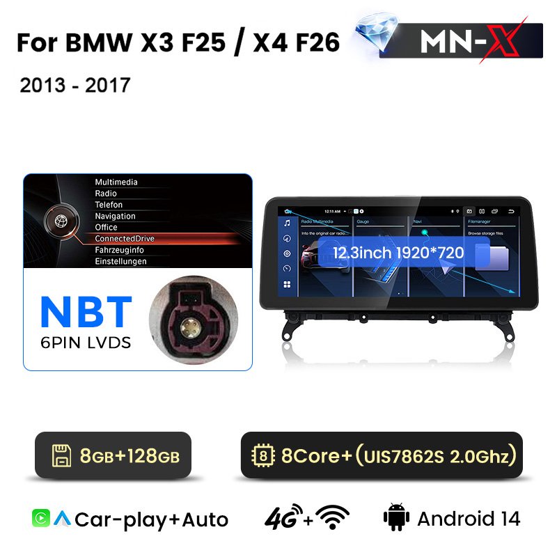 MEKEDE MNX 12.3 Android 14 8core 1920*720 Resolution Built-in BT Car-play for BMW X3 F25 2011-2014 Car Video Radio Player