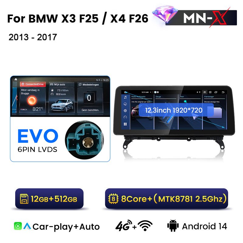 MEKEDE MNX 12.3 Android 14 8core 1920*720 Resolution Built-in BT Car-play for BMW X3 F25 2011-2014 Car Video Radio Player