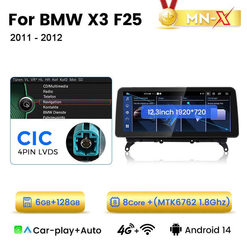 MEKEDE MNX 12.3 Android 14 8core 1920*720 Resolution Built-in BT Car-play for BMW X3 F25 2011-2014 Car Video Radio Player