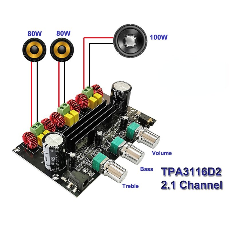 5.0 2*80W+100W TPA3116D2 Audio Power Amplifier Board 2.1 Channel TPA3116 Stereo Subwoofer Equalizer AUX Class D Amp
